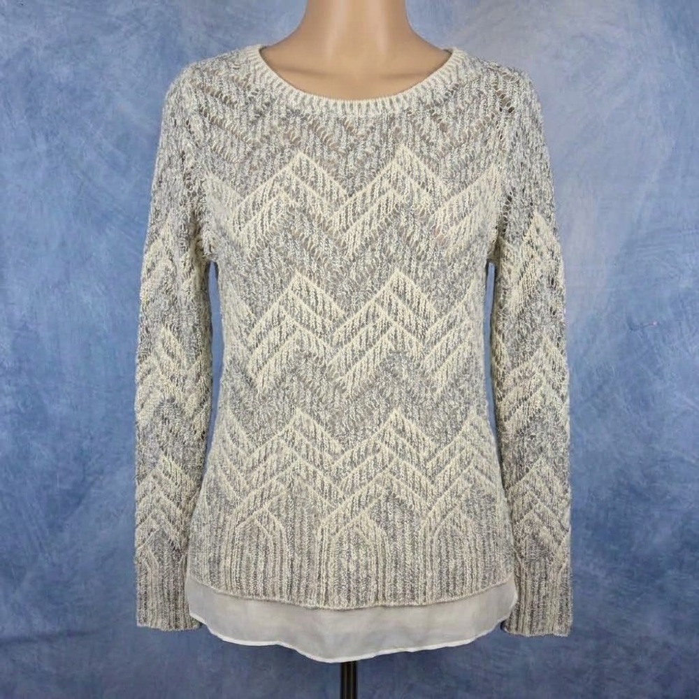 Lucky Brand Womens Chevron Open Knit Metallic Layered Hem Sweater Medium Cream